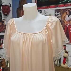 Vintage Baby Pink Full Length Slip Lace Bow Flutter Sleeves 70s 1970s Retro
